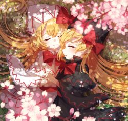 Rule 34 | 2girls, ametama (runarunaruta5656), black capelet, black dress, black headwear, blonde hair, blurry, blurry foreground, bow, bowtie, capelet, cherry blossoms, closed eyes, closed mouth, dress, fairy wings, grass, highres, holding hands, lily black, lily white, long hair, long sleeves, lying, multiple girls, on side, open mouth, outdoors, petals, red bow, red neckwear, smile, touhou, upper body, white capelet, white dress, white headwear, wings