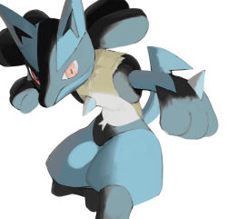 Rule 34 | 1boy, animal ears, animal hands, arms up, black fur, blue fur, body fur, creatures (company), fighting stance, furry, furry male, game freak, gen 4 pokemon, highres, horezai, leaning forward, leg up, looking at viewer, lucario, male focus, multicolored fur, nintendo, pokemon, pokemon (creature), red eyes, simple background, snout, solo, spikes, standing, standing on one leg, thick thighs, thighs, underlighting, white background, wolf boy, wolf ears, yellow fur