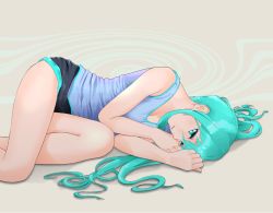Rule 34 | 1girl, alternate hairstyle, aqua eyes, aqua hair, breasts, cleavage, hatsune miku, long hair, lying, medium breasts, micro shorts, ohjin, on side, parted lips, tank top, thighs, vocaloid