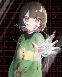 Rule 34 | 1other, against fourth wall, androgynous, arm at side, black background, black shirt, black undershirt, blood, blood on clothes, blood on face, blood on hands, blood splatter, blunt bangs, blunt ends, bob cut, breaking, brown hair, chara (undertale), closed mouth, collared shirt, commentary, constricted pupils, crack, cracked glass, crazy eyes, dripping, fourth wall, glass, gold necklace, green sweater, heart, heart necklace, heart pendant, highres, jewelry, locket, long sleeves, looking at viewer, necklace, number background, pendant, reaching, reaching towards viewer, red background, red eyes, ringed eyes, shirt, single horizontal stripe, smile, solo, spoilers, sweater, two-tone background, umasuki, undertale, upper body, v-neck, wide-eyed, yellow sweater