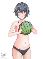 Rule 34 | 1girl, artist name, artist request, bare shoulders, bikini, black bikini, black hair, blush, breasts, collarbone, d4dj, food, fruit, highres, looking at viewer, melon, miyake aoi, navel, short hair, simple background, small breasts, solo, standing, sweat, swimsuit, tomboy, watermelon, white background, yellow eyes