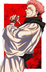 Rule 34 | 1boy, absurdres, arm tattoo, black nails, extra eyes, facial tattoo, forehead tattoo, grin, hand up, highres, japanese clothes, jujutsu kaisen, kimono, litchi (taechiii2), long sleeves, looking at viewer, male focus, nail polish, pink hair, profile, red background, ryoumen sukuna (jujutsu kaisen), short hair, smile, solo, tattoo, teeth, undercut, wide sleeves