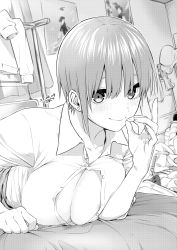 Rule 34 | 1girl, areola slip, bed sheet, blush, breasts, bromide, button gap, cleavage, clothes hanger, collarbone, dated, earrings, fellatio gesture, go-toubun no hanayome, greyscale, highres, indoors, jewelry, kckcdkkn, looking at viewer, lying, medium breasts, messy room, monochrome, nakano ichika, no bra, on stomach, open collar, short hair, smile, solo, stud earrings