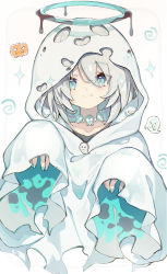 Rule 34 | 1girl, ars almal, blue eyes, blue nails, captain yue, closed mouth, collarbone, commentary request, cropped torso, ghost, grey background, grey hair, hair between eyes, halloween, halo, hands up, highres, hood, hood up, hooded robe, jack-o&#039;-lantern, long sleeves, looking at viewer, nail polish, nijisanji, robe, sleeves past fingers, sleeves past wrists, smile, solo, upper body, virtual youtuber, white robe