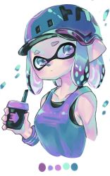 Rule 34 | 1girl, :/, bad id, bad twitter id, bare shoulders, black vest, blue eyes, blue hair, blue vest, breasts, closed mouth, collarbone, color guide, cropped arms, cropped torso, cup, drinking straw, gradient eyes, gradient hair, helmet, highres, holding, inkling, inkling girl, inkling player character, kashu (hizake), limited palette, looking at viewer, monster girl, multicolored eyes, multicolored hair, nintendo, pointy ears, purple eyes, purple hair, short eyebrows, short hair, simple background, small breasts, solo, splatoon (series), splatoon 2, tentacle hair, upper body, vest, white background, wristband