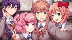 Rule 34 | 4girls, :d, arm up, blazer, blue eyes, blue skirt, blush, bow, breasts, brown hair, closed eyes, closed mouth, collared shirt, commentary, copyright name, cowboy shot, doki doki literature club, facing viewer, fang, green eyes, grey jacket, hair bow, hair ornament, happy, holding, holding paintbrush, jacket, large breasts, leaning forward, locked arms, long hair, long sleeves, looking at viewer, medium breasts, monika (doki doki literature club), multiple girls, natsuki (doki doki literature club), neck ribbon, official art, one eye closed, open clothes, open jacket, open mouth, paintbrush, picture, pink eyes, pink hair, pleated skirt, ponytail, purple eyes, purple hair, red bow, red ribbon, ribbon, round teeth, satchely, sayori (doki doki literature club), school uniform, shirt, short hair, sidelocks, simple background, skirt, small breasts, smile, standing, tareme, teeth, two side up, unbuttoned, v, v arms, very long hair, white background, white bow, white shirt, wing collar, yuri (doki doki literature club)