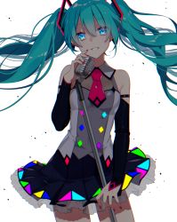 Rule 34 | 1girl, aqua hair, asagao minoru, bare shoulders, blue eyes, commentary request, detached sleeves, dress, hatsune miku, highres, long hair, long sleeves, looking at viewer, microphone, microphone stand, multicolored clothes, multicolored dress, nail polish, necktie, open mouth, parted lips, pink necktie, red nails, see-through, short dress, smile, solo, twintails, very long hair, vocaloid