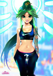 Rule 34 | 1girl, alternate costume, arm tattoo, breasts, cleavage, collarbone, commentary, contemporary, english commentary, facing viewer, green eyes, green hair, halo, hands in pockets, high ponytail, kid icarus, kid icarus uprising, lips, lipstick, long hair, looking at viewer, makeup, midriff, navel, nike (company), nintendo, palutena, pants, product placement, smile, solo, sports bra, tattoo, tom skender, toned, track pants, very long hair