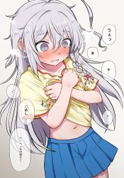 Rule 34 | 1girl, @ @, absurdres, ahoge, blue skirt, blush, braid, clothes lift, commentary request, covering privates, covering chest, cowboy shot, dokudoku913, embarrassed, grey eyes, grey hair, hair between eyes, highres, hoshi syoko, huge ahoge, idolmaster, idolmaster cinderella girls, lifted by self, long hair, messy hair, navel, parted lips, pleated skirt, print shirt, shirt, shirt lift, short sleeves, sidelocks, skirt, speech bubble, steam, stomach, sweat, translation request, wavy mouth, white background, yellow shirt