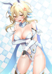Rule 34 | 1girl, absurdres, anger vein, angry, bare shoulders, blonde hair, blue background, blush, breasts, chumugi, cleavage, feather hair ornament, feathers, flower, genshin impact, hair between eyes, hair flower, hair intakes, hair ornament, half-closed eyes, highres, large breasts, leotard, lily (flower), looking at viewer, lumine (genshin impact), medium hair, open mouth, parted bangs, playboy bunny, rabbit tail, scarf, scowl, sidelocks, solo, thighhighs, thighs, white background, white scarf, white thighhighs, yellow eyes