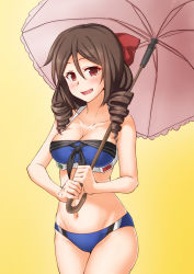 Rule 34 | 1girl, alternate costume, anti (untea9), bikini, blue bikini, blush, bow, breasts, brown hair, cleavage, drill hair, gradient background, hair between eyes, hair bow, harukaze (kancolle), highres, holding, holding umbrella, johnston (kancolle), kantai collection, large breasts, long hair, looking at viewer, navel, open mouth, pink umbrella, red bow, red eyes, smile, solo, swimsuit, thighs, twin drills, umbrella, yellow background
