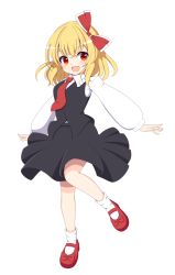 Rule 34 | 1girl, black skirt, blonde hair, blouse, blush, bow, bowtie, hair bow, hair ribbon, highres, mary janes, necktie, outstretched arms, red bow, red eyes, red footwear, red necktie, red ribbon, ribbon, rumia, shirt, shoes, short hair, simple background, skirt, socks, solo, spread arms, takapi 3, touhou, vest, white background, white shirt, white socks, wing collar