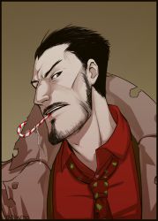 Rule 34 | 1boy, ace attorney, ace attorney investigations, artist name, beard, black eyes, black hair, brown background, brown coat, bullet hole, candy, candy cane, coat, facial hair, food, looking at viewer, mouth hold, mustache, necktie, red necktie, red shirt, shirt, sideburns, solo, sweets, tanken (outofcheeserror), trench coat, tyrell badd