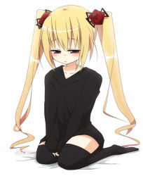 Rule 34 | blonde hair, blush, flower, kooh, long hair, pangya, red eyes, rose, solo, sweater, thighhighs, twintails