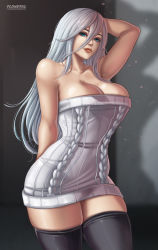 Rule 34 | 1girl, blue eyes, breasts, cleavage, flowerxl, large breasts, nier (series), nier:automata, silver hair, solo, sweater, thighhighs, a2 (nier:automata)