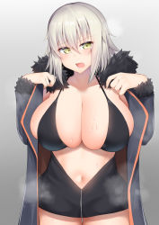 Rule 34 | 1girl, ahoge, alternate breast size, blush, breasts, cleavage, coat, fate/grand order, fate (series), fur-trimmed coat, fur trim, highres, huge breasts, jeanne d&#039;arc (fate), jeanne d&#039;arc alter (fate), jeanne d&#039;arc alter (ver. shinjuku 1999) (fate), kitajima yuuki, long hair, looking at viewer, navel, official alternate costume, open clothes, open mouth, silver hair, solo, sweat, yellow eyes