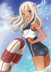 Rule 34 | 10s, 1girl, :d, ass, bare shoulders, blonde hair, blue eyes, blue sky, ccaw, crop top, day, flower, hair flower, hair ornament, highres, kantai collection, lifebuoy, long hair, looking at viewer, neckerchief, ocean, open mouth, ro-500 (kancolle), sailor collar, school swimsuit, sky, smile, solo, swim ring, swimsuit, swimsuit under clothes, tan, tanline, wading