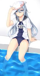 Rule 34 | 1girl, adjusting clothes, adjusting headwear, barefoot, blue eyes, blue one-piece swimsuit, blue sailor collar, blush, collarbone, flat cap, from below, full body, gluteal fold, hair between eyes, hammer and sickle, hat, hibiki (kancolle), highres, kantai collection, long hair, long sleeves, looking at viewer, name tag, old school swimsuit, one-piece swimsuit, open clothes, open shirt, outdoors, peaked cap, pool, poolside, sailor collar, school swimsuit, school uniform, senekio, shirt, silver hair, simple background, sitting, smile, soaking feet, solo, star (symbol), swimsuit, swimsuit under clothes, verniy (kancolle), wading, water, white background, white hat, white shirt