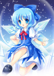 Rule 34 | 1girl, bad id, bad pixiv id, blue eyes, blue hair, blush, bow, cirno, fukase ayaka, hair bow, ice, ice wings, matching hair/eyes, open mouth, puffy sleeves, short hair, short sleeves, solo, touhou, wings