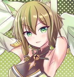Rule 34 | 1girl, animal ears, armpits, arms up, bell, breasts, brown hair, detached sleeves, duel monster, fox ears, green eyes, green hair, hu-li the jewel mikanko, medium breasts, multicolored hair, neck bell, parted lips, rope around neck, solo, streaked hair, upper body, usuba kagerou (shougyouchu), wide sleeves, yu-gi-oh!