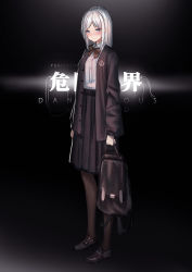 Rule 34 | 1girl, artist name, backpack, bad id, bad pixiv id, bag, black background, black footwear, black skirt, blue eyes, blush, brown jacket, brown pantyhose, closed mouth, collared shirt, dress shirt, english text, glowing, highres, holding, holding bag, jacket, loafers, long hair, long sleeves, original, pantyhose, parted bangs, pleated skirt, shirt, shoes, silver hair, skirt, solo, white shirt, yurichtofen