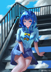 1girl absurdres ahoge bare_arms blue_bow blue_eyes blue_hair blue_skirt blue_sky bow bow_button cloud collared_shirt cowboy_shot day dot_nose eyelashes hand_on_lap happy highres long_hair loose_hair_strand make_heroine_ga_oo_sugiru! miniskirt open_mouth outdoors pleated_skirt railing school_uniform shirt short_sleeves sidelocks sitting skirt sky smile solo stairs teeth upper_teeth_only weibo_watermark white_shirt yanami_anna ye_qy-100 yellow_bow