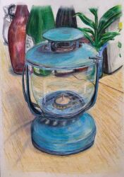Rule 34 | bottle, candle, colored pencil (medium), cup, glass, highres, lantern, nakanaori31, no humans, original, plant, potted plant, realistic, still life, traditional media