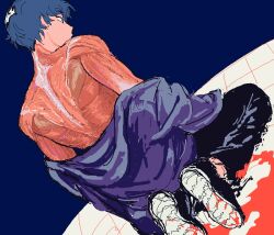 Rule 34 | 1boy, bare back, blood on ground, blue hair, clothes pull, exposed muscle, from behind, guro, jacket, jacket pull, jaemin107, kneeling, male focus, open clothes, open jacket, original, retro artstyle, shirt down