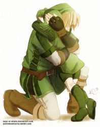 Rule 34 | 1boy, 1girl, arms around neck, belt, blonde hair, boots, brown belt, green hair, green tunic, hug, kneeling, link, nintendo, one leg raised, sage of winds, saria (zelda), size difference, the legend of zelda, the legend of zelda: ocarina of time, white background
