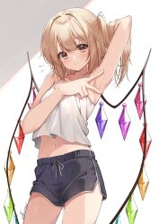 Rule 34 | 1girl, absurdres, armpits, black shorts, blonde hair, blush, camisole, closed mouth, collarbone, cowboy shot, crystal, dolphin shorts, flandre scarlet, haruki (colorful macaron), highres, long hair, looking at viewer, one side up, red eyes, shorts, simple background, solo, touhou, white background, white camisole, wings