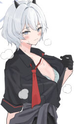 Rule 34 | 1girl, black gloves, black horns, black shirt, blue archive, blush, bra, breasts, closed mouth, collared shirt, demon horns, erika (blue archive), gloves, green bra, grey eyes, grey hair, grey halo, hair between eyes, halo, highres, horns, looking at viewer, necktie, red necktie, shirt, short hair, simple background, small breasts, solo, tsumayouji (tumayog), underwear, upper body, white background