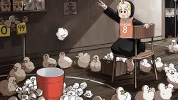Rule 34 | 4girls, bird, blonde hair, blue eyes, brown eyes, brown hair, chair, chicken, clumsy nun (diva), commentary, crumpled paper, diva (hyxpk), duck, english commentary, froggy nun (diva), habit, highres, little nuns (diva), multiple girls, note, nun, poster (object), scoreboard, spicy nun (diva), sweat, tank top, throwing, topknot, traditional nun, trash can, yellow eyes