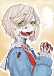 Rule 34 | 10s, 1girl, :d, bad id, bad pixiv id, belko, blood, blood in mouth, blood on clothes, blood on face, chiot (god eater), colored skin, god eater, god eater burst, happy, open mouth, own hands together, pale skin, school uniform, short hair, smile, solo, sweater, white hair, white skin, yellow eyes