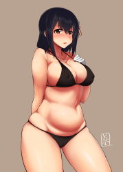 Rule 34 | 10s, 1girl, bad id, bad pixiv id, bikini, black bikini, black hair, blush, breasts, brown eyes, cleavage, covered erect nipples, female focus, gloves, haguro (kancolle), hair ornament, highres, kantai collection, large breasts, looking at viewer, meicha, open mouth, plump, short hair, simple background, solo, swimsuit, white gloves