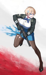 Rule 34 | 1girl, absurdres, belt, black footwear, black gloves, black jacket, black pantyhose, blonde hair, blue belt, blue eyes, blue ribbon, blue skirt, breasts, brown pantyhose, clenched teeth, collared shirt, commentary, full body, girls&#039; frontline, gloves, gun, hair between eyes, hair ornament, high heels, highres, holding, holding gun, holding weapon, jacket, large breasts, long sleeves, looking to the side, mole, mole under eye, neck ribbon, open clothes, open jacket, orambe, pantyhose, red background, ribbon, rifle, serious, shirt, shirt tucked in, short hair, sidelocks, skirt, smoke, sniper rifle, snowflake hair ornament, solo, standing, standing on one leg, suppressor, teeth, torn clothes, torn pantyhose, torn skirt, trigger discipline, two-tone background, vsk-94, vsk-94 (girls&#039; frontline), weapon, white background, white shirt