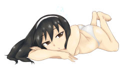 Rule 34 | 10s, 1girl, ass, black hair, blush, breasts, brown eyes, girls und panzer, on stomach, panties, reizei mako, small breasts, solo, underwear, white background, white panties