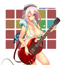 Rule 34 | 1girl, bare shoulders, bikini, blush, breasts, chig (mizusaki), cleavage, electric guitar, guitar, headphones, highres, instrument, jacket, jewelry, large breasts, long hair, necklace, nitroplus, one eye closed, pink hair, red eyes, smile, solo, super sonico, swimsuit, wink