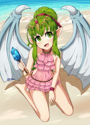 Rule 34 | 1girl, artist name, beach, bracelet, day, dragon wings, fang, fire emblem, fire emblem: mystery of the emblem, fire emblem heroes, food, green eyes, green hair, hair ribbon, highres, jewelry, long hair, nintendo, obakeart, open mouth, pink one-piece swimsuit, pointy ears, ponytail, popsicle, red ribbon, ribbon, sitting, solo, swimsuit, tiara, tiki (fire emblem), tiki (young) (fire emblem), water, wings, wristband