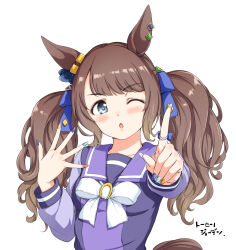Rule 34 | 1girl, absurdres, animal ears, blue eyes, blush, breasts, brown hair, brown tail, earrings, hamao, highres, horse ears, horse girl, jewelry, long hair, nail polish, one eye closed, open mouth, purple shirt, ring, school uniform, shirt, simple background, small breasts, solo, tracen school uniform, translation request, twintails, umamusume, upper body, white background