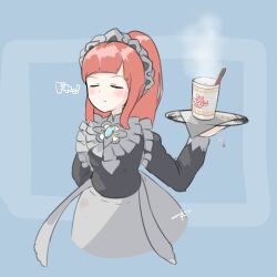 1girl absurdres apron cup_ramen felicia_(fire_emblem) fire_emblem fire_emblem_fates high_ponytail highres holding holding_plate kolaytoh long_hair maid maid_apron maid_headdress nintendo pink_hair plate ponytail