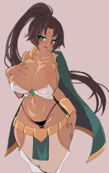 Rule 34 | 1girl, blush, breasts, brown hair, cleavage, cloak, collarbone, curvy, epic seven, green eyes, highres, huge breasts, kluri (epic7), long hair, looking at viewer, open clothes, open mouth, panties, pointy ears, ponytail, simple background, smile, solo, thighs, tongue, tongue out, underwear, very long hair, wide hips