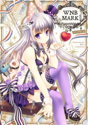 Rule 34 | 1girl, animal ears, apple, bow, breasts, bunny headphones, cleavage, detached collar, english text, fake animal ears, flower, food, fruit, hat, headphones, holding, holding food, holding fruit, jewelry, key, necklace, purple eyes, purple flower, purple rose, purple skirt, purple thighhighs, rabbit, rabbit ears, ribbon, rose, sitting, skirt, small breasts, solo, source request, tatekawa mako, thighhighs, top hat, wrist cuffs