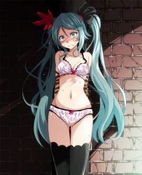 Rule 34 | 1girl, angry, aqua eyes, aqua hair, arms behind back, bdsm, black thighhighs, blush, bondage, bound, bound arms, bow, bow panties, bra, breasts, brick wall, feather hair ornament, feathers, female focus, groin, hair ornament, hatsune miku, highres, long hair, navel, panties, project diva (series), restrained, small breasts, solo, thighhighs, tsukishiro saika, twintails, underwear, underwear only, vocaloid, wet, white bra, white panties