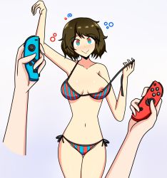 Rule 34 | 1girl, 1other, 20s, ambiguous gender, arm up, atlus, bikini, blue bikini, blue eyes, blush, body control, breasts, brown hair, cleavage, collarbone, controller, disembodied limb, domination, eye contact, happy, happy trance, highres, holding, holding controller, hypnosis, joy-con, kawakami sadayo, light background, looking at another, looking at viewer, medium breasts, megami tensei, midriff, mind control, multicolored bikini, multicolored clothes, multicolored eyes, navel, nintendo, nintendo switch, nipple slip, nipples, persona, persona 5, pov, puppet, purple background, red bikini, red eyes, shin megami tensei, short hair, side-tie bikini bottom, side-tie swimsuit, simple background, single nipple, smile, solo focus, sortishkinda, standing, submission, swimsuit, hypnosis, uncensored, undressing