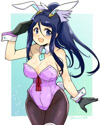 Rule 34 | 1girl, animal ears, arm up, bare shoulders, black gloves, blue eyes, blue hair, blush, border, breasts, collarbone, fake animal ears, fire emblem, gloves, hair between eyes, hair ornament, large breasts, leggings, leotard, looking at viewer, nintendo, open mouth, oribe tsubasa, pantyhose, playboy bunny, rabbit ears, rabbit tail, salute, smile, solo, tail, tokyo mirage sessions fe, twitter username, white border, wrist cuffs, yukia (firstaid0)