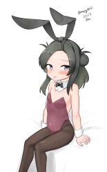 Rule 34 | 1girl, absurdres, aged down, ahoge, animal ears, black bow, black bowtie, black hair, black pantyhose, bow, bowtie, breasts, brown leotard, detached collar, double bun, feet out of frame, forehead, hair bun, highres, kantai collection, leotard, long hair, makinami (kancolle), maru (marg0613), one-hour drawing challenge, pantyhose, playboy bunny, rabbit ears, sitting, small breasts, solo, strapless, strapless leotard, tongue, tongue out, wrist cuffs