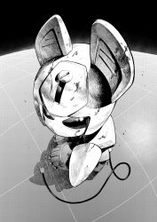 Rule 34 | absurdres, animal ears, cable, cable tail, commentary request, crack, dirty, electric plug, fake animal ears, fisheye, from above, full body, greyscale, hatching (texture), highres, komiyama sato (pensmiler), looking at viewer, mechanical tail, medarot, monochrome, no humans, non-humanoid robot, pepper cat, robot, tail