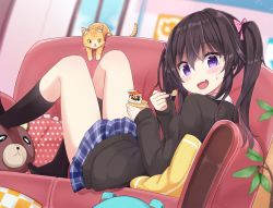 Rule 34 | 0 0, 1girl, :d, animal, black socks, black sweater, blue skirt, blurry, blurry background, blush, bow, cat, commentary request, couch, eating, fang, from side, hair bow, holding, holding spoon, indoors, kneehighs, long hair, long sleeves, looking at viewer, looking to the side, lying, miniskirt, on back, on couch, open mouth, original, pink bow, plaid, plaid skirt, pleated skirt, polka dot, polka dot bow, polka dot pillow, purple eyes, shuuichi (gothics), sidelocks, skin fang, skirt, smile, socks, solo, spoon, stuffed animal, stuffed toy, sweat, sweater, teddy bear, twintails, yogurt
