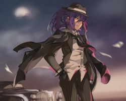 Rule 34 | 10s, 1girl, alice (bzone4), arm at side, bang dream!, black gloves, black hat, black necktie, car, collared shirt, commentary, english commentary, formal, gloves, hair between eyes, hand in pocket, hat, highres, jacket, jacket on shoulders, jaguar (car), looking at viewer, moon, motor vehicle, necktie, outdoors, overcast, parted lips, pinstripe pattern, ponytail, purple hair, red eyes, seta kaoru, shirt, sidelocks, sky, solo, standing, striped, suit, white shirt, wind