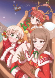Rule 34 | 3girls, aki (girls und panzer), alternate costume, animal costume, animal ears, antlers, bell, black gloves, blue sky, blunt bangs, blush, bow, brown eyes, brown hair, brown jumpsuit, bt-42, capelet, christmas, cityscape, closed mouth, deer ears, dress, fake animal ears, fake antlers, flying, frown, fur-trimmed capelet, fur trim, gift, girls und panzer, gloves, green eyes, green ribbon, hair bell, hair ornament, hair ribbon, highres, holding, holding gift, holding instrument, holding sack, hood, hood down, hooded capelet, horns, instrument, jumpsuit, kantele, kibimoka, light brown hair, long hair, long sleeves, looking at another, looking at viewer, low twintails, mika (girls und panzer), mikko (girls und panzer), military, military vehicle, motor vehicle, mouth hold, multicolored ribbon, multiple girls, night, night sky, no headwear, official alternate costume, open mouth, outdoors, over shoulder, red bow, red capelet, red dress, red eyes, red hair, red ribbon, reindeer antlers, reindeer costume, ribbon, sack, santa costume, santa dress, short dress, short hair, short twintails, sitting, sky, sled, smile, snowflake print, snowing, stalk in mouth, star (sky), starry sky, tank, twintails, waving